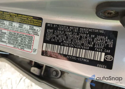 2004 Toyota Camry Le из США, поврежденный, VIN 4T1BE32K74U876908